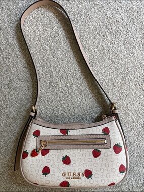 GUESS Cream & Pink Strawberry Print Shoulder Bag